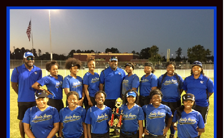 Girls softball team with coaches and trophy