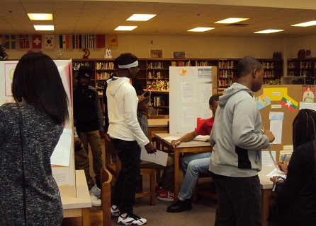 Students and project displays in the library